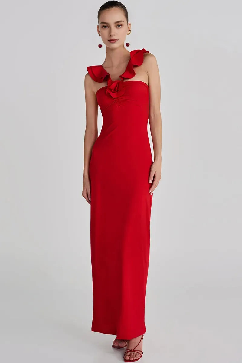 Weitese Dress Ruffled Sleeveless V Neck 3D Flower Decor Slim Fit Maxi Prom Dresses Red