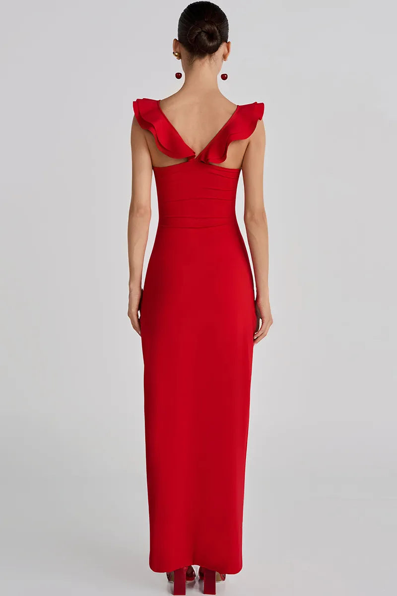 Weitese Dress Ruffled Sleeveless V Neck 3D Flower Decor Slim Fit Maxi Prom Dresses Red