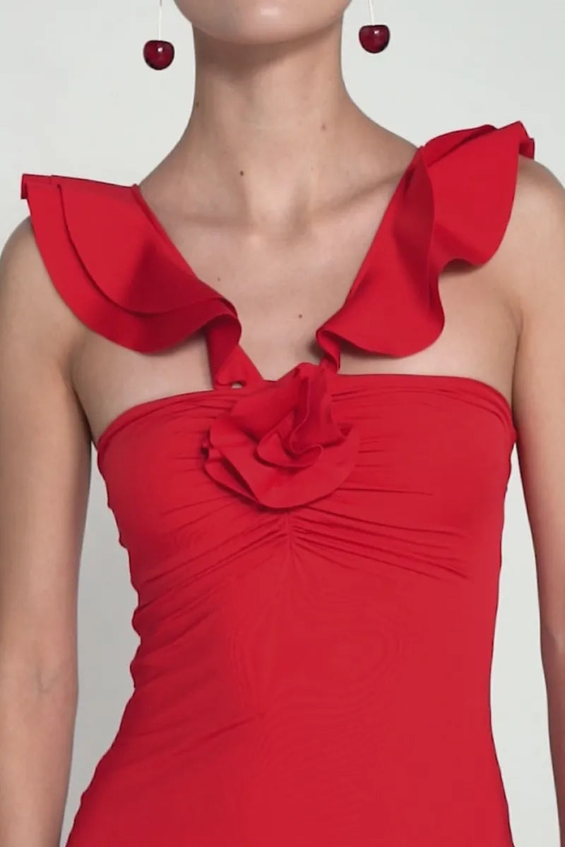 Weitese Dress Ruffled Sleeveless V Neck 3D Flower Decor Slim Fit Maxi Prom Dresses Red