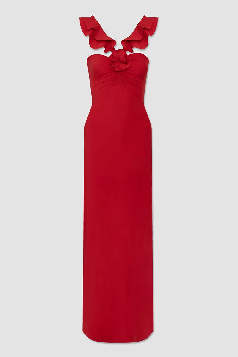 Weitese Dress Ruffled Sleeveless V Neck 3D Flower Decor Slim Fit Maxi Prom Dresses Red