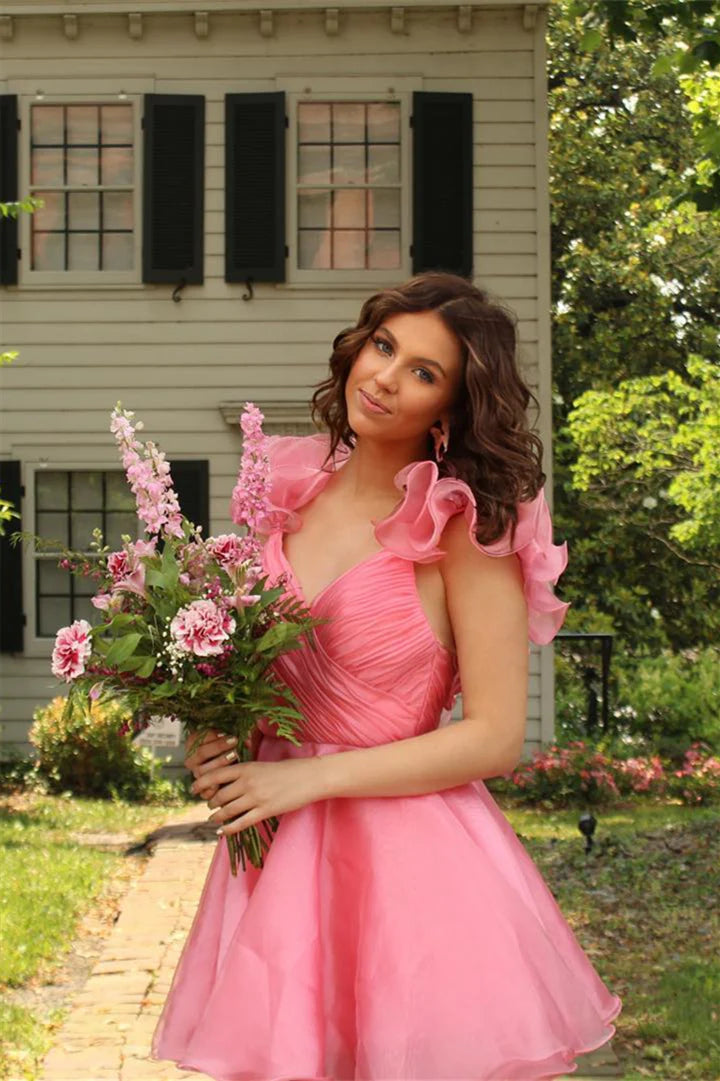 Weitese Dress Ruffles Straps Pink Pleated A-line Short Party Dress Sleeveless Homecoming Dress