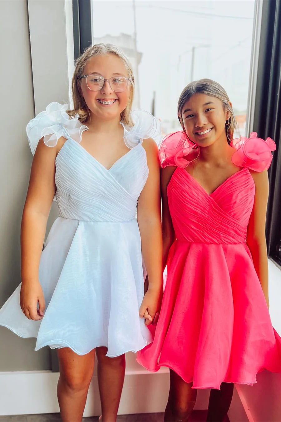 Weitese Dress Ruffles Straps Pink Pleated A-line Short Party Dress Sleeveless Homecoming Dress
