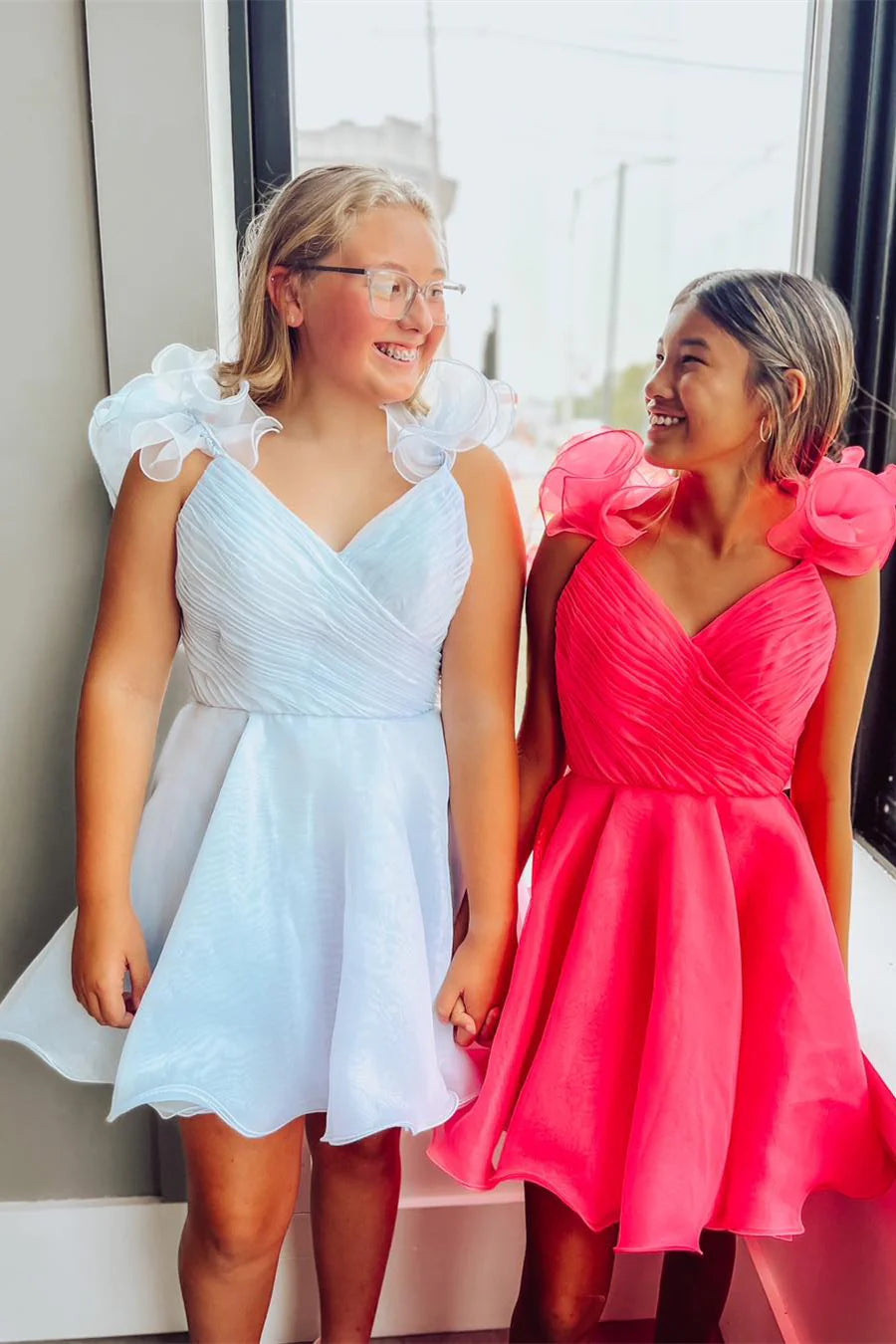 Weitese Dress Ruffles Straps Pink Pleated A-line Short Party Dress Sleeveless Homecoming Dress