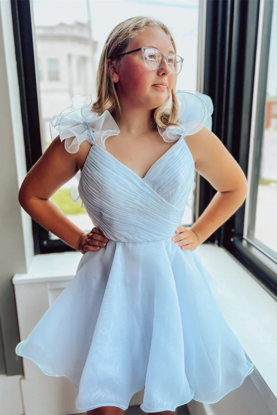 Weitese Dress Ruffles Straps Pink Pleated A-line Short Party Dress Sleeveless Homecoming Dress