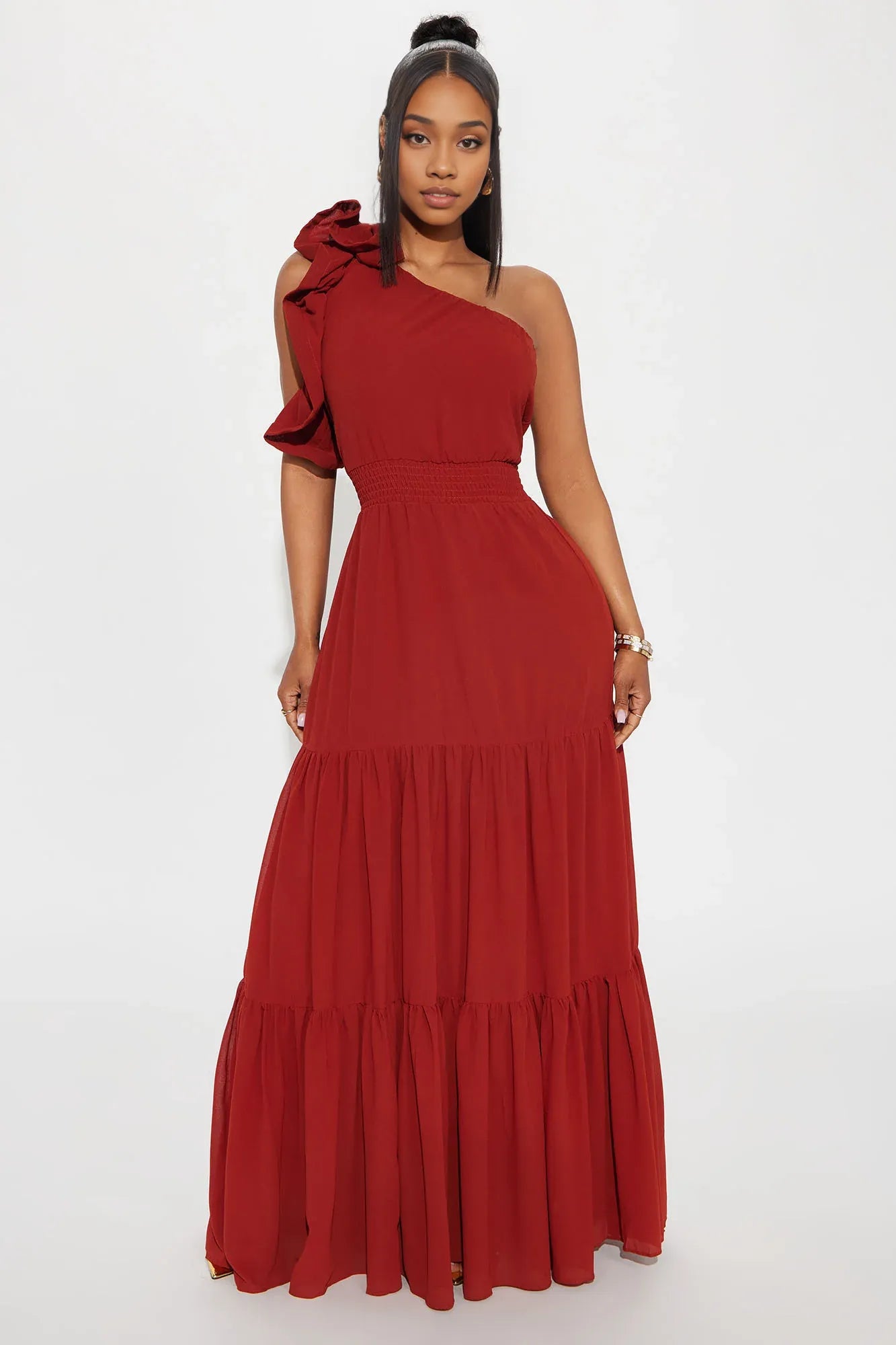 Weitese Dress Rust Maxi Dress Party Dress One-Shoulder Ruffle Sweetheart Neck With Floor Length Party Dress