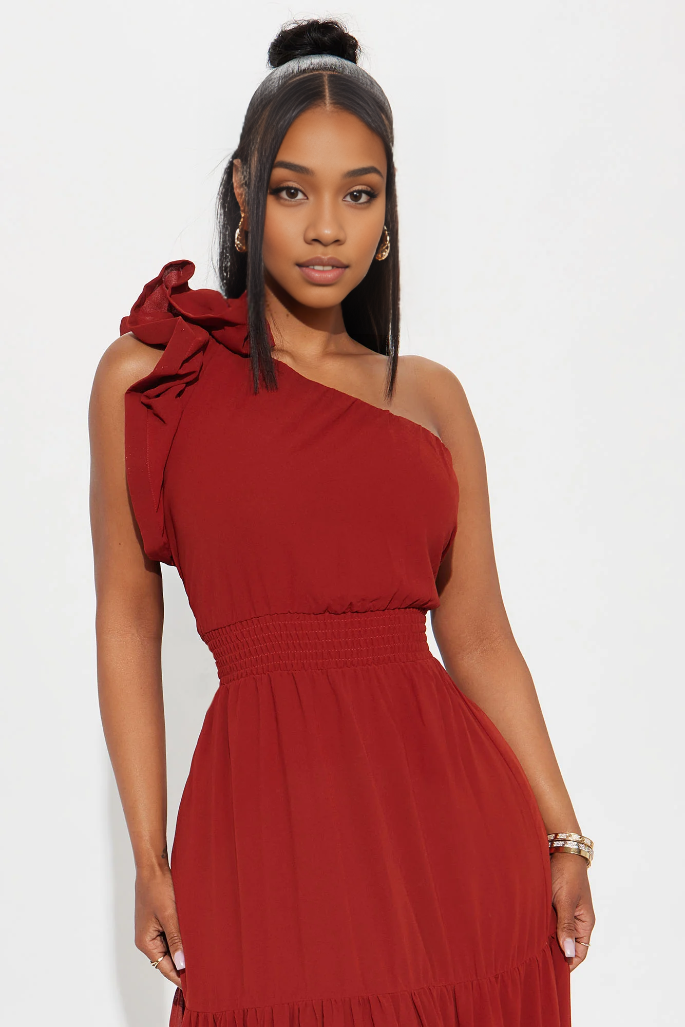 Weitese Dress Rust Maxi Dress Party Dress One-Shoulder Ruffle Sweetheart Neck With Floor Length Party Dress