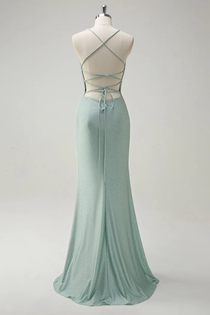 Weitese Dress Sage Mermaid Spaghetti Straps Ruched Maxi Dress Prom Dress Formal Dress With Lace Up Back Evening Dress