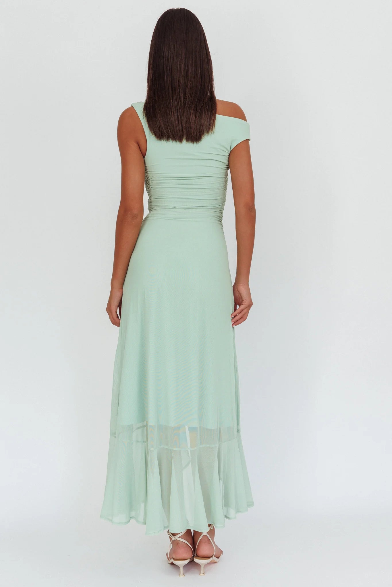 Robe longue Weitese vert clair à épaules dénudées avec corsage froncé et robe de bal asymétrique transparente fendue 