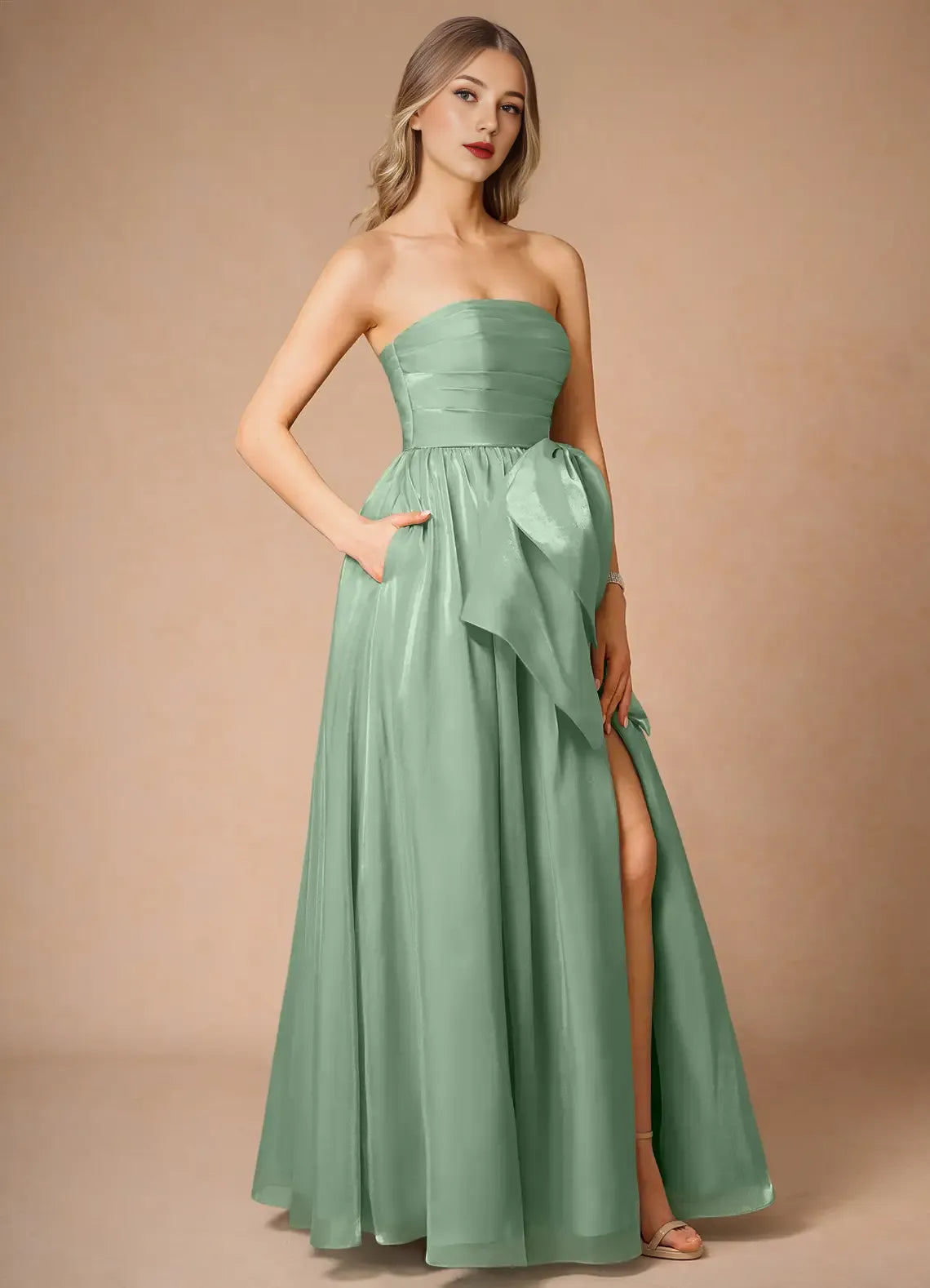 Weitese Dress Black Strapless Elegant Satin Maxi Dress Sleeveless A-line Backless Prom Dress With Slit