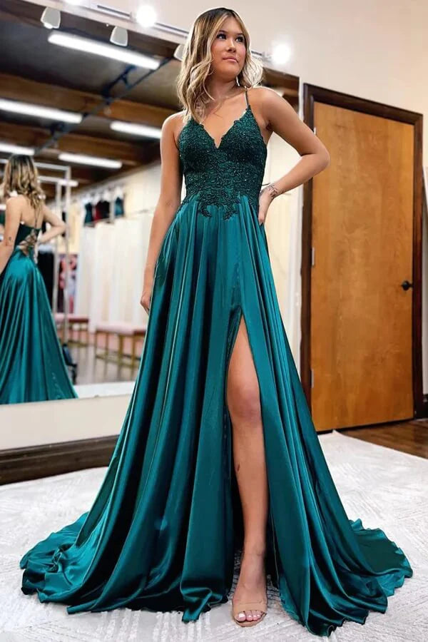 Weitese Dress Satin A-line Lace Up V-neck Spaghetti Straps Prom Dresses With Slit