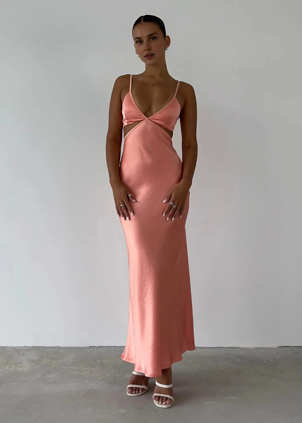 Weitese Dress Satin Cut Out Maxi Summer Dresses for Women Spaghetti Strap V-Neck Backless Wedding Guest Midi Dress Prom Dress