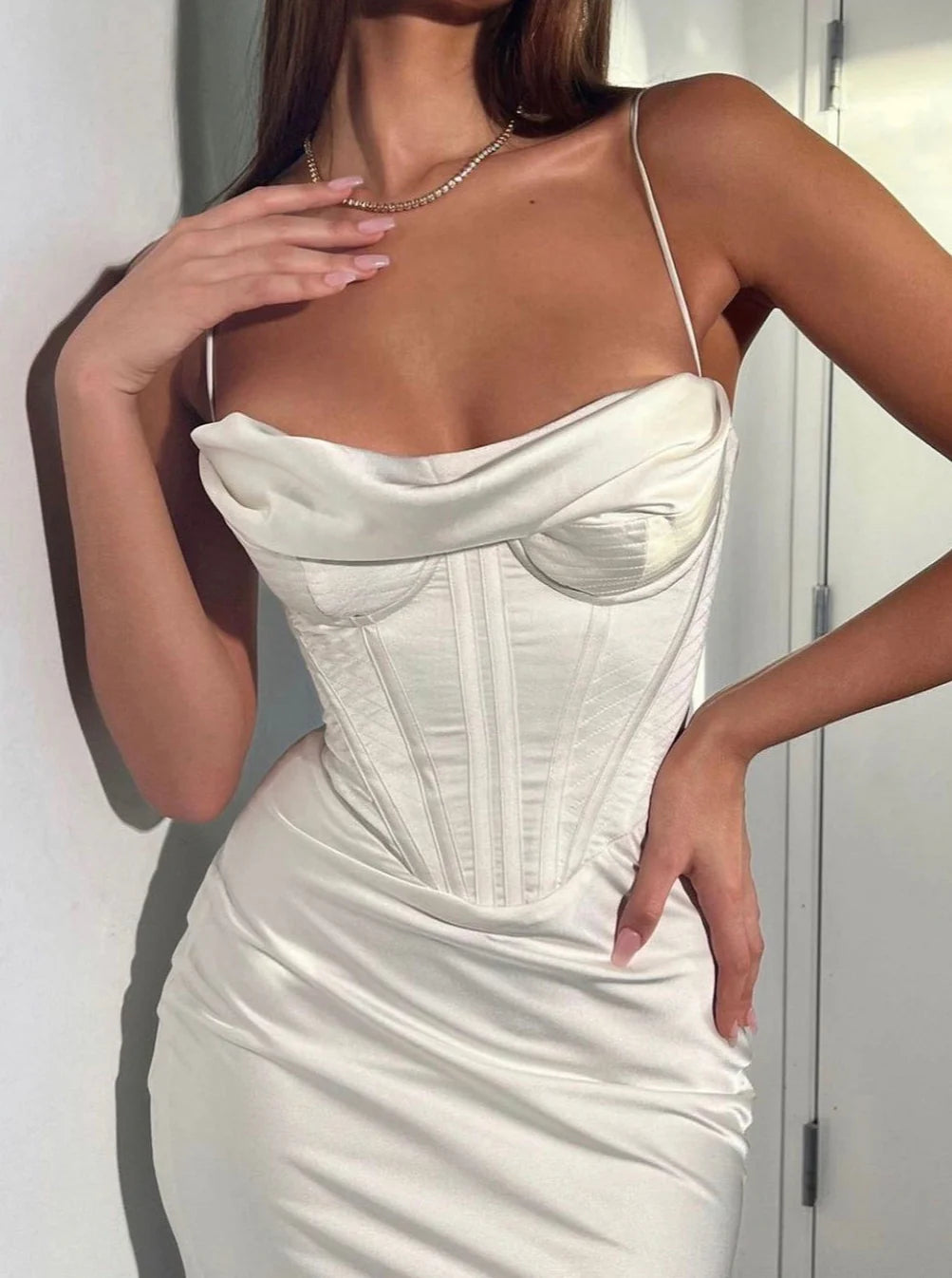 Robe Weitese en satin, col bas, bretelles spaghetti, taille haute, robe mi-longue, chic, robe de soirée, robe de bal 