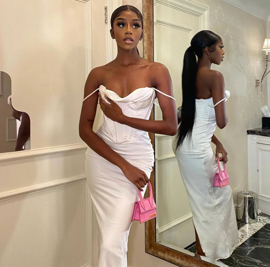 Robe Weitese en satin, col bas, bretelles spaghetti, taille haute, robe mi-longue, chic, robe de soirée, robe de bal 