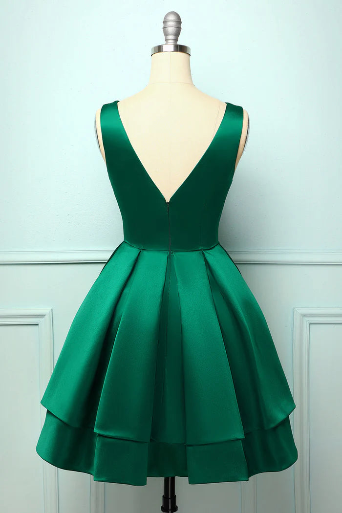 Weitese Dress Satin Green Ball Short Homecoming Dress Sleeveless A-Line V Back Party Dress
