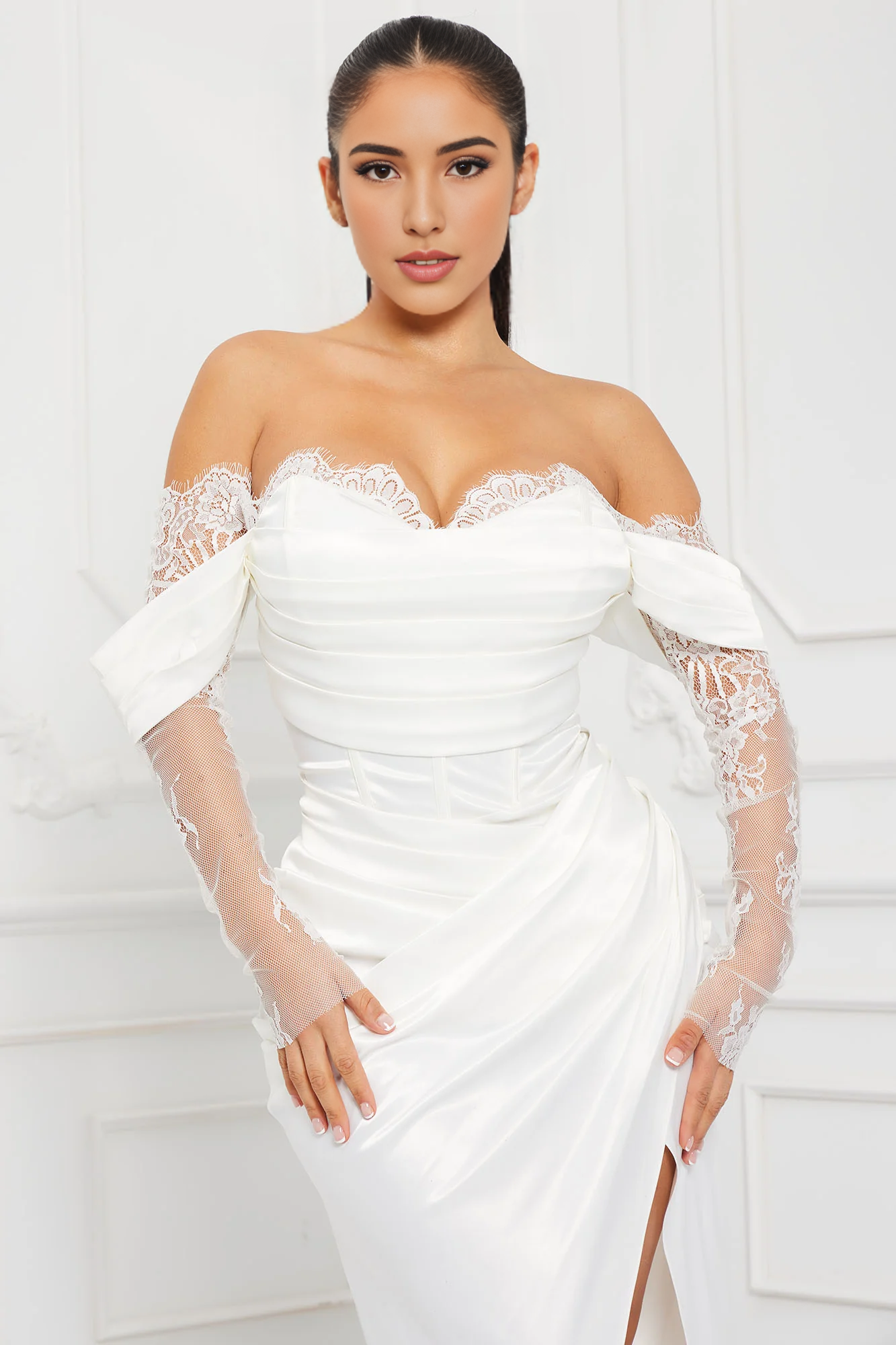 Weitese Dress Satin Maxi Dress White Party Dress Off Shoulder Lace Long Sleeves Mermaid