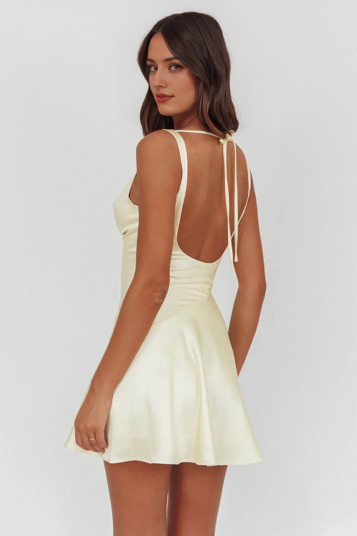 Weitese Dress Chocolate Satin Mini Dress with Cowl Neckline and Flared Dress Homecoming Dress