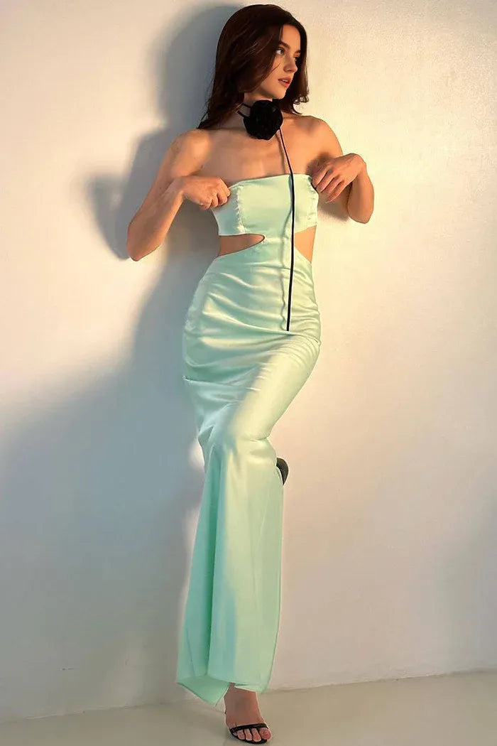 Robe Weitese en satin avec bordure en rosace découpée, sans bretelles, robe de bal d'été longue, sans manches, robe de soirée simple 