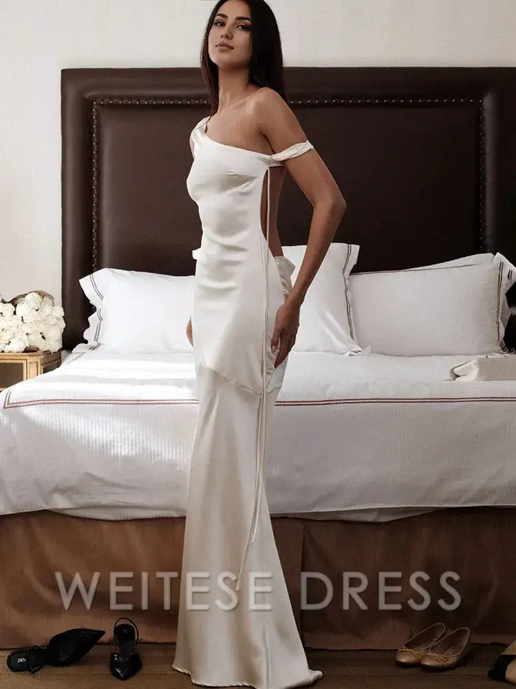 Robe Weitese en satin sexy dos nu, robe longue bandage pour femmes, robe de soirée sans manches abricot, robe de bal élégante et slim pour l'automne