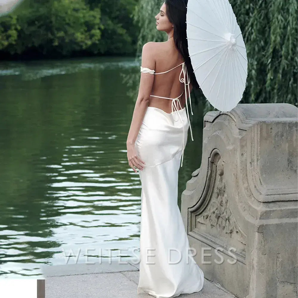 Robe Weitese en satin sexy dos nu, robe longue bandage pour femmes, robe de soirée sans manches abricot, robe de bal élégante et slim pour l'automne