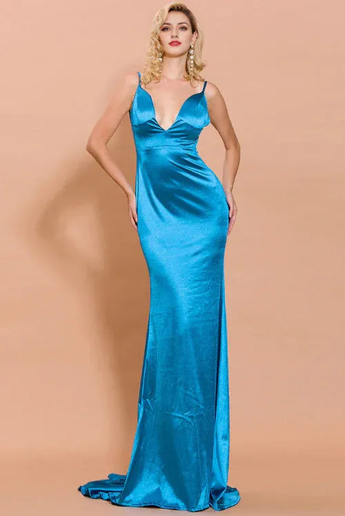 Robe Weitese en satin bleu sexy, dos nu, robe de bal, robe longue, col en V profond, sans manches, robe de soirée simple 
