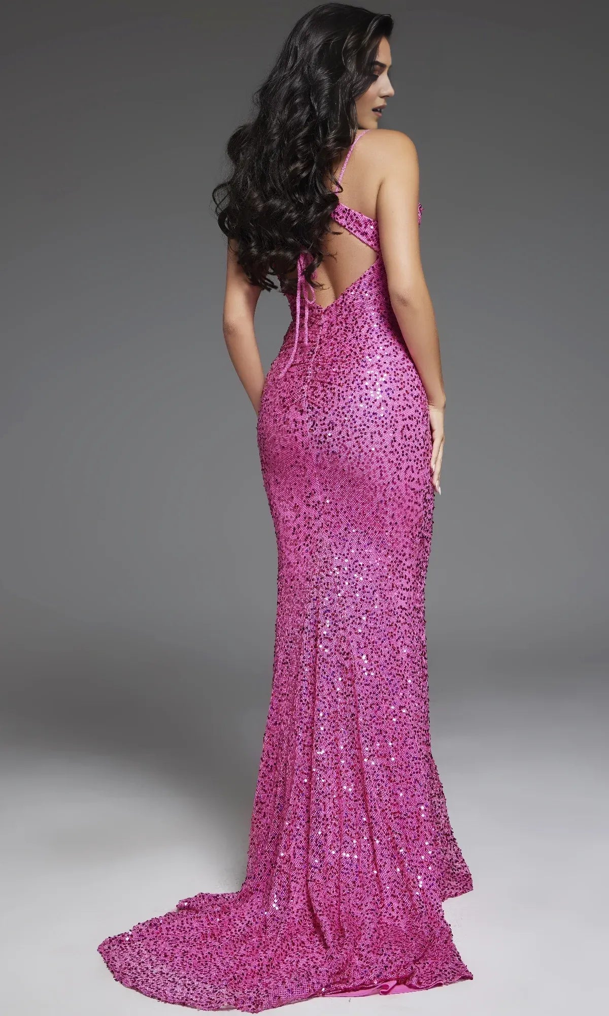 Vestido Weitese con lentejuelas rosa intenso, vestido de fiesta con tirantes finos, vestido formal con cola larga, sin mangas, espalda descubierta y cordones. 