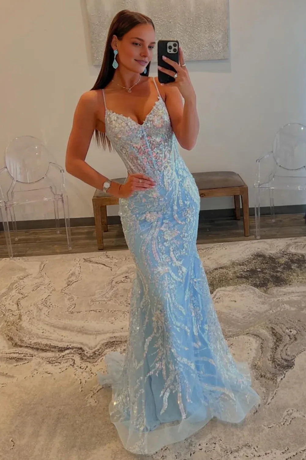 Weitese Dress Sequin Light Blue Mermaid Spaghetti Straps Sweep Train Prom Dress