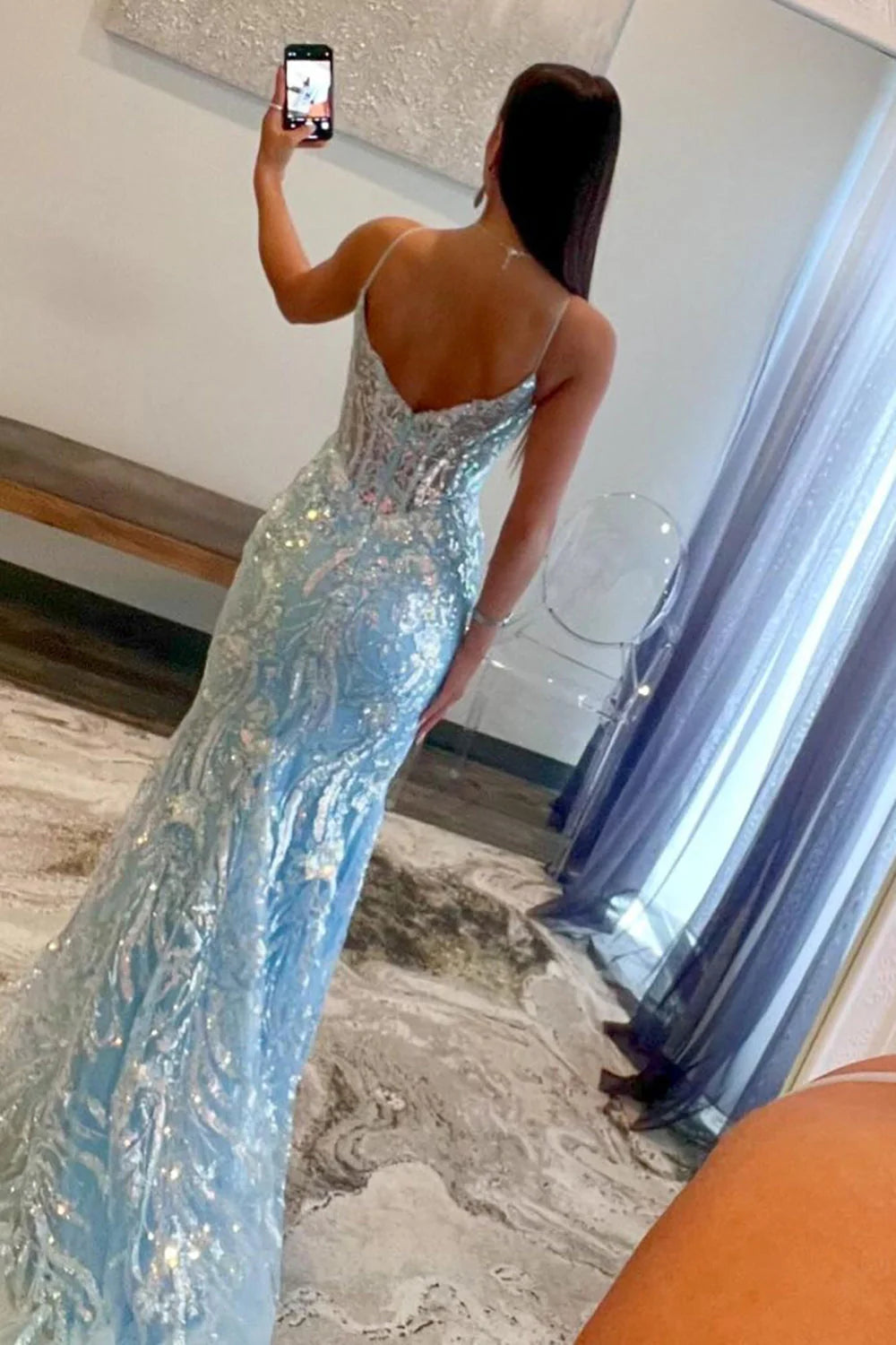 Weitese Dress Sequin Light Blue Mermaid Spaghetti Straps Sweep Train Prom Dress