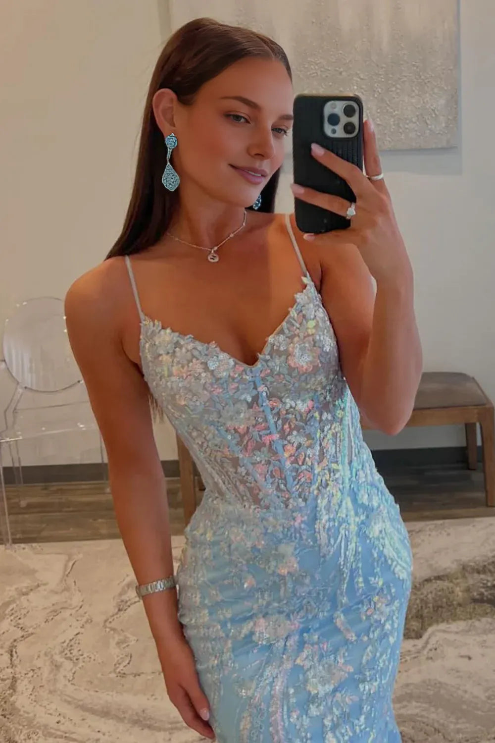Weitese Dress Sequin Light Blue Mermaid Spaghetti Straps Sweep Train Prom Dress