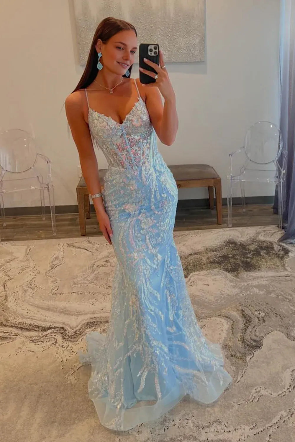 Weitese Dress Sequin Light Blue Mermaid Spaghetti Straps Sweep Train Prom Dress