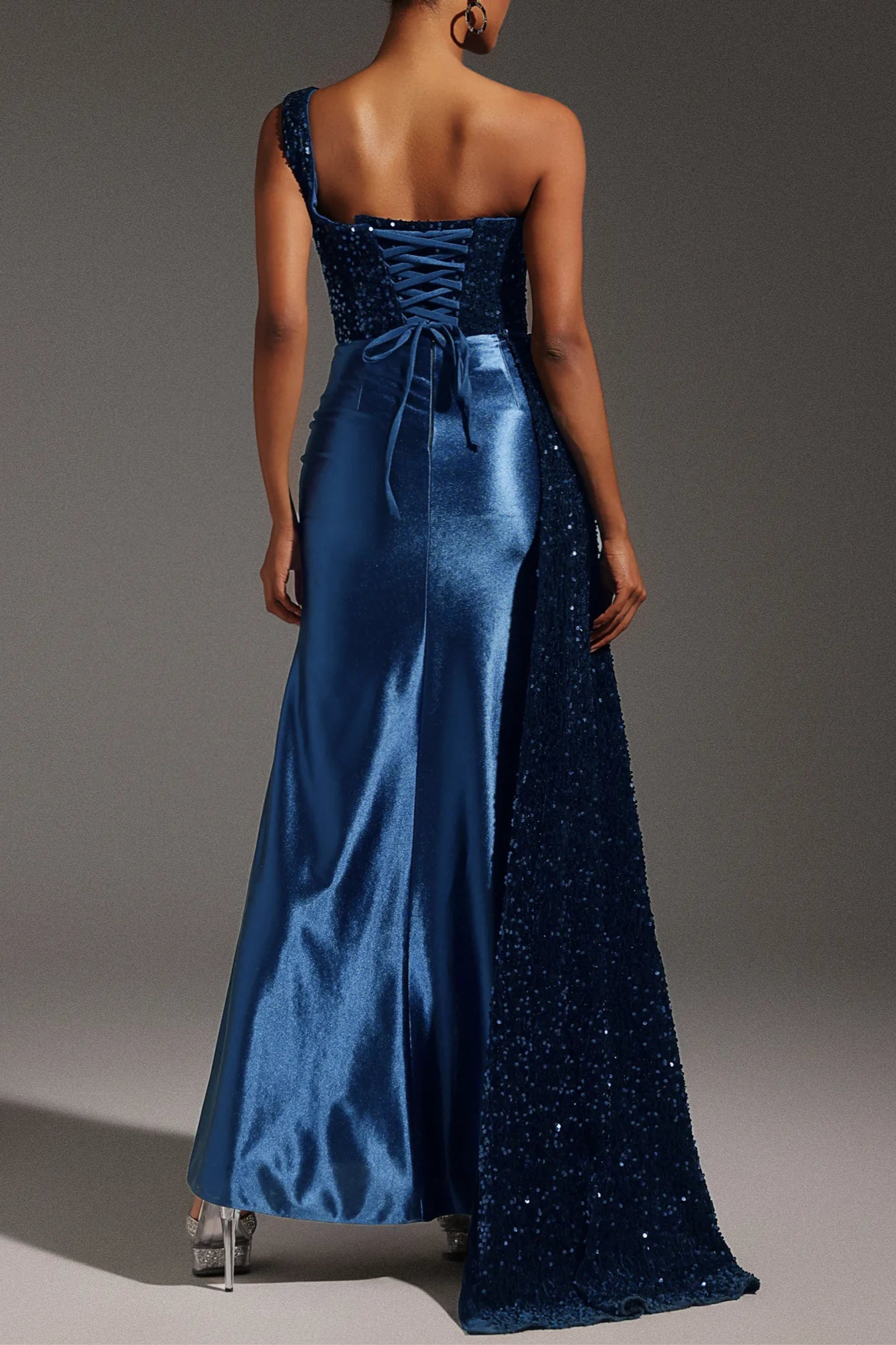 Weitese Dress Sequin Maxi Dress One Shoulder Sleeveless Sexy High Slit Lace Up Floor Length Prom Dress