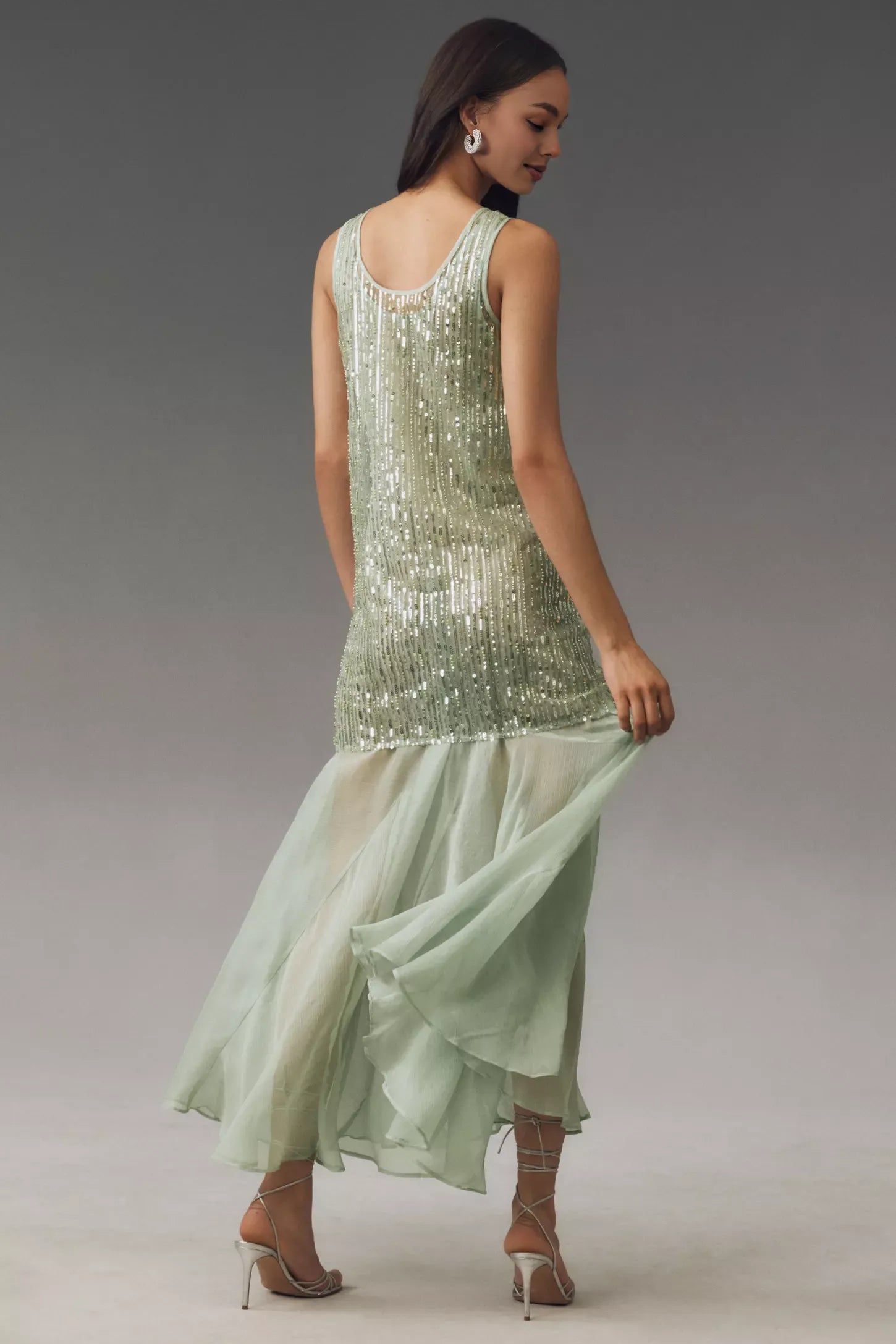 Weitese Dress Sequin U Neck Chiffon Maxi Dress Sage Sleeveless Straight Tube Prom Dress