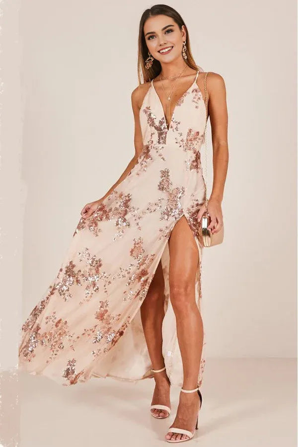Vestido Weitese con lentejuelas, escote en V, entrecruzado, abertura hasta el muslo, vestido de fiesta largo, sin mangas, tirantes finos, vestido de fiesta brillante 