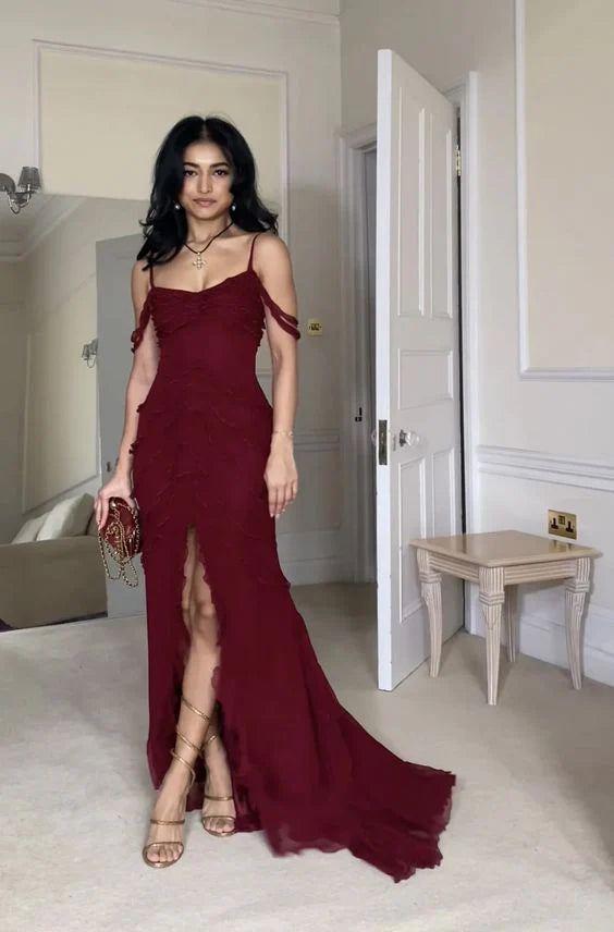 Weitese Dress Sexy Burgundy Ruffles Chiffon Slit Prom Dress Mermaid Evening Dress Party Dress