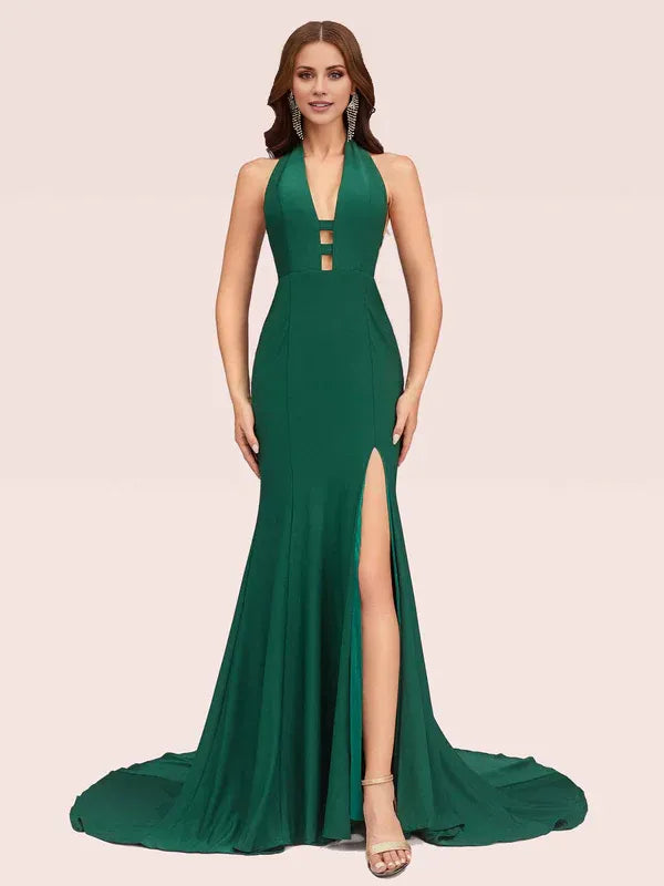 Weitese Dress Sexy Halter Side Slit Open Back Sleeveless Long Mermaid Bridesmaid Dresses Prom Dress
