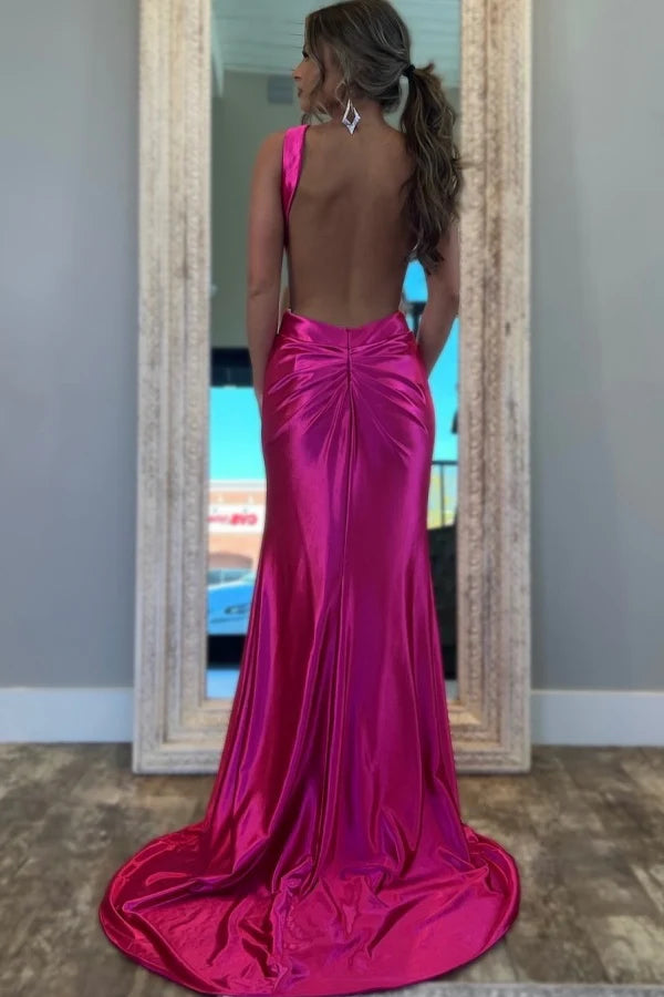 Weitese Dress Sexy Hot Mermaid Halter Sleeveless Pleated Prom Party Dress High Side Slit and Train Open Back Cocktail Dress