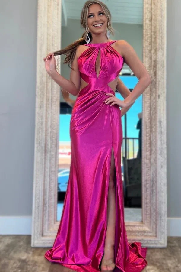 Weitese Dress Sexy Hot Mermaid Halter Sleeveless Pleated Prom Party Dress High Side Slit and Train Open Back Cocktail Dress