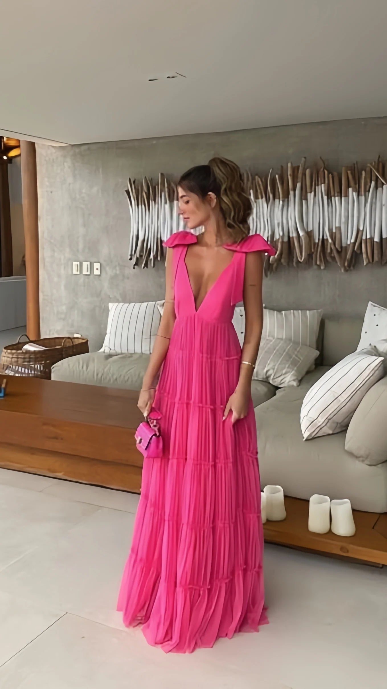 Weitese Dress Sexy Hot Pink Deep V Neck Prom Dresses Tulle Evening Dresses Long Party Formal Dress