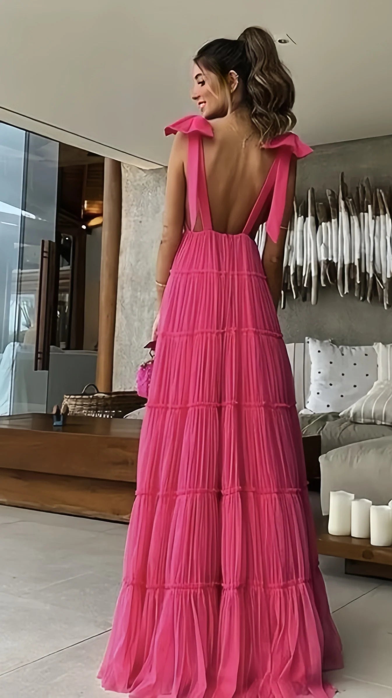 Weitese Dress Sexy Hot Pink Deep V Neck Prom Dresses Tulle Evening Dresses Long Party Formal Dress