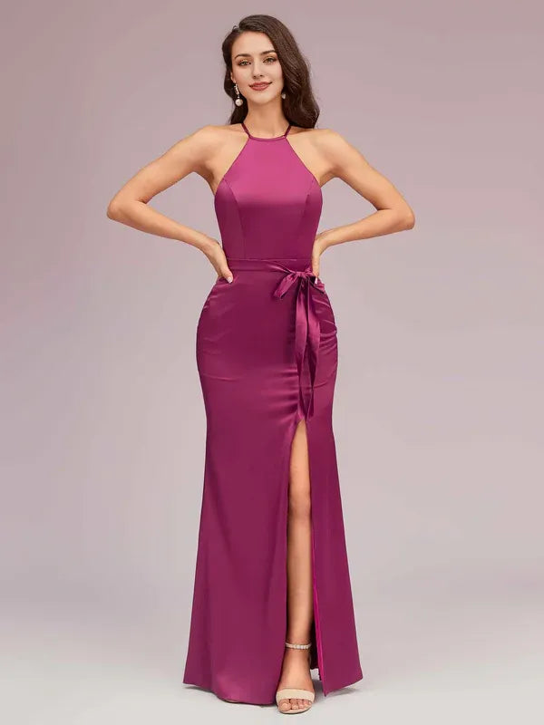 Robe de soirée longue en satin, style sirène, dos nu, fente, sexy, sans manches 