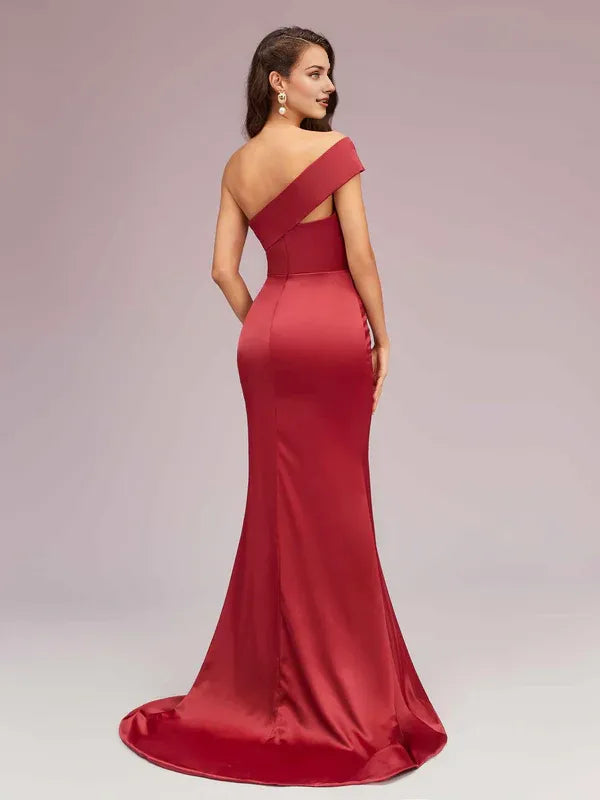 Robe de soirée sirène sexy asymétrique, longue et douce, en satin, avec traîne et fente 