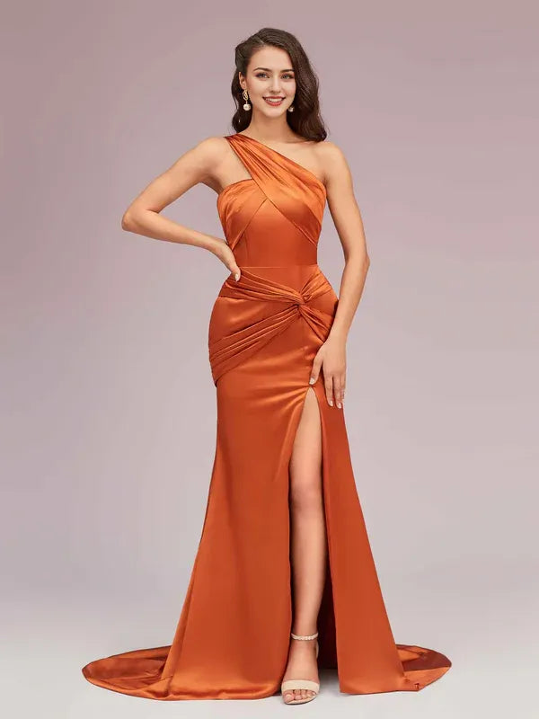 Robe de soirée sirène sexy asymétrique sans manches, longue, en satin doux, fendue sur le côté, style formel, traîne courte 