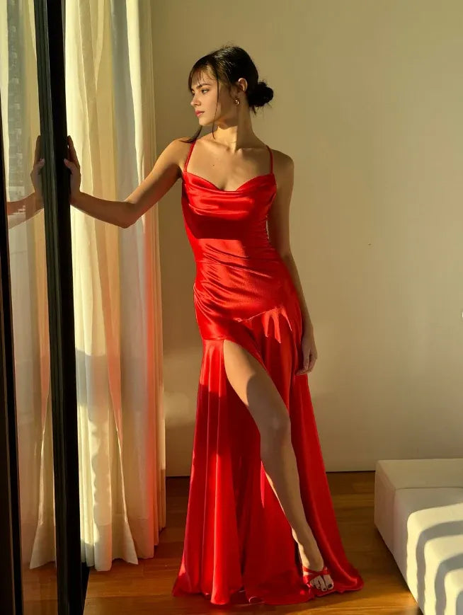 Weitese Dress Sexy Mermaid Spaghetti Strap Red Satin Prom Dress Evening Dress With Slit Party Dress