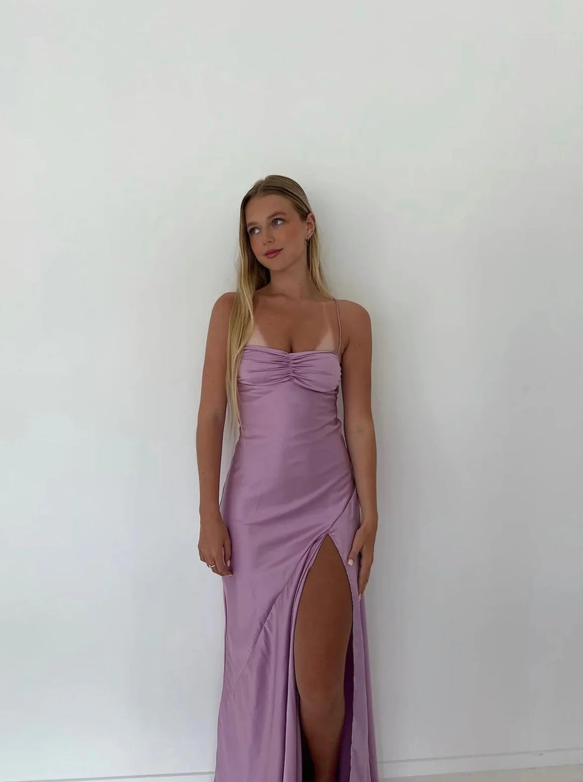 Weitese Dress Sexy Mermaid Spaghetti Straps Floor Length Lilac Slit Long Prom Dress