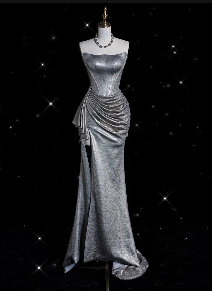 Weitese Dress Sexy Mermaid Strapless Sequin Silver Evening Gowns Long Prom Dresses/No Jewelry