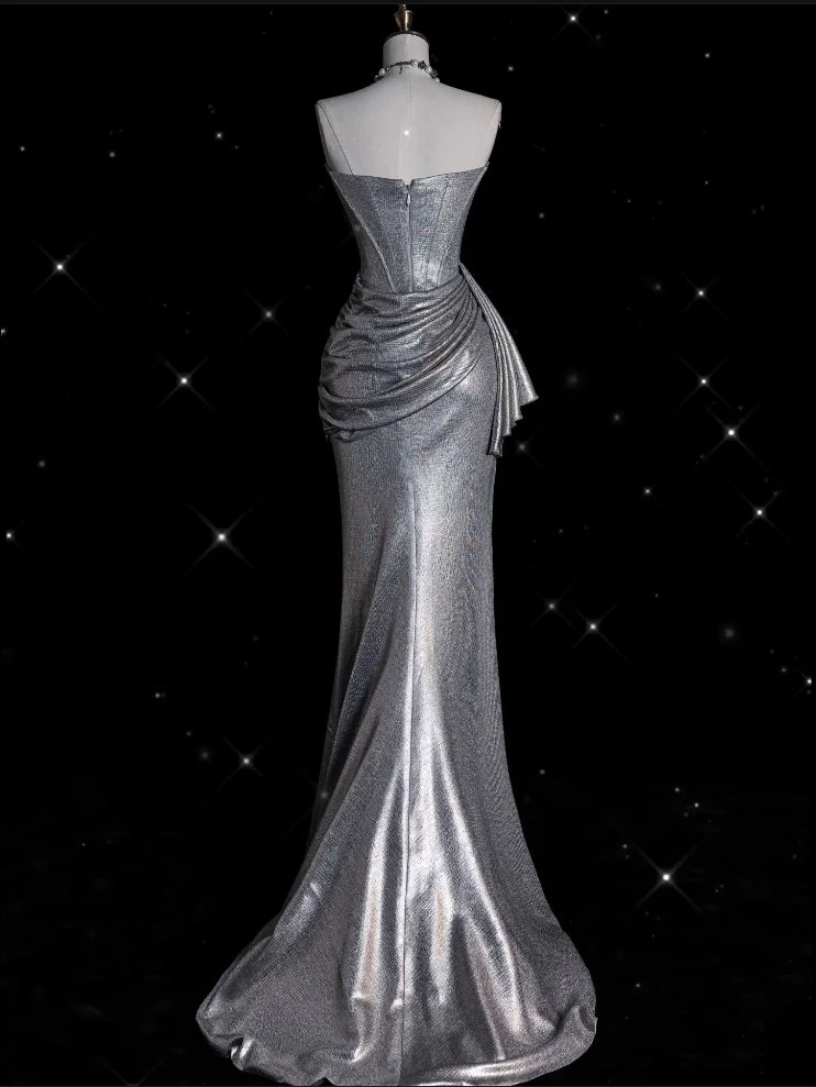 Weitese Dress Sexy Mermaid Strapless Sequin Silver Evening Gowns Long Prom Dresses/No Jewelry