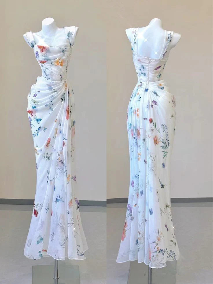 Weitese Dress Sexy Mermaid Straps Chiffon Floral Evening Gowns Long Prom Dresses