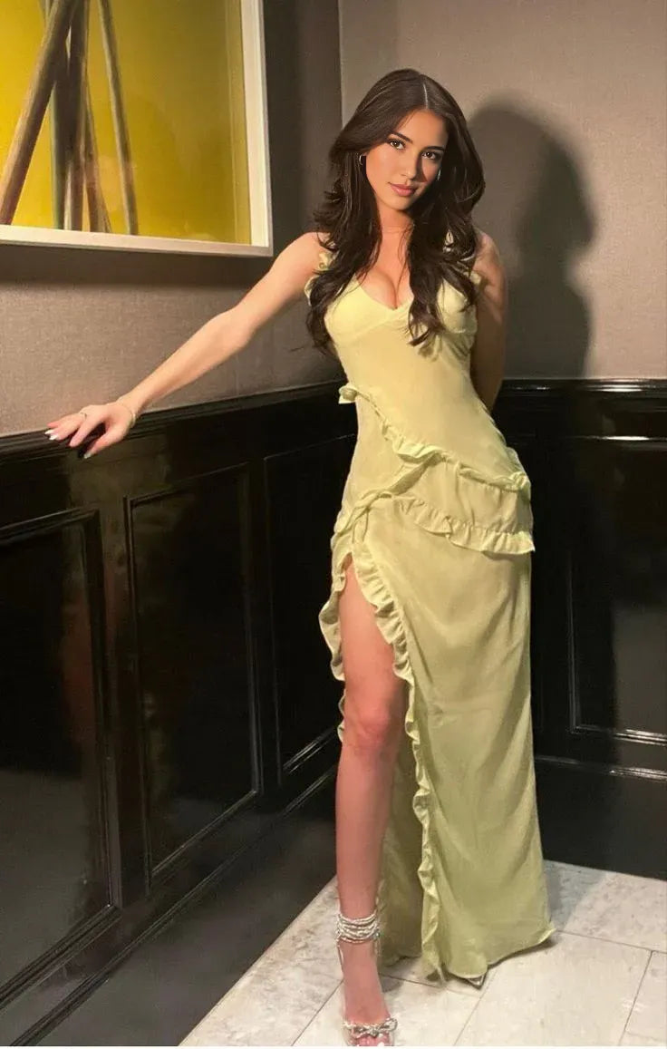 Weitese Dress Sexy Mermaid Straps Floor Length Slit Yellow Evening Dress Prom Dresses