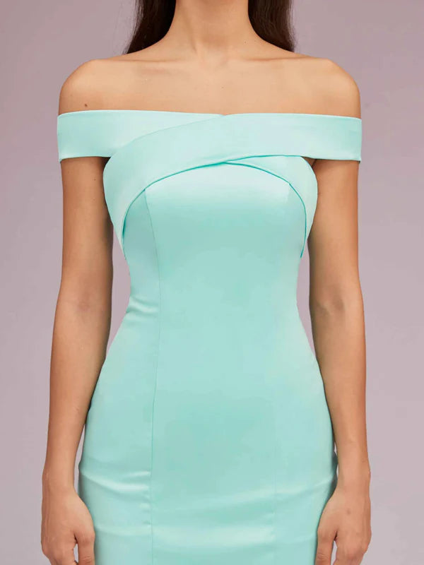 Robe de soirée sexy en satin doux, épaules dénudées, sans manches, style sirène, trompette, couleur unie 