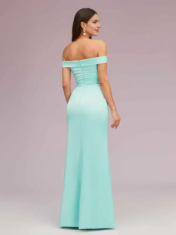 Robe de soirée sexy en satin doux, épaules dénudées, sans manches, style sirène, trompette, couleur unie 