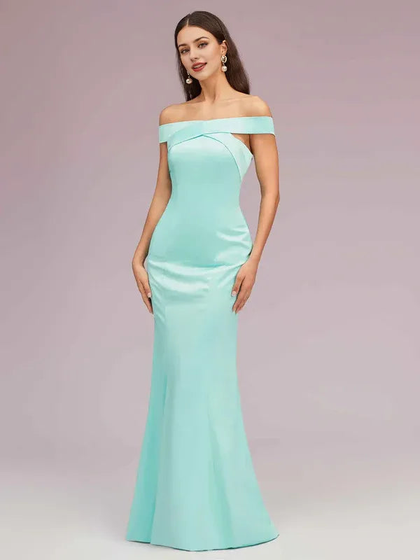 Robe de soirée sexy en satin doux, épaules dénudées, sans manches, style sirène, trompette, couleur unie 